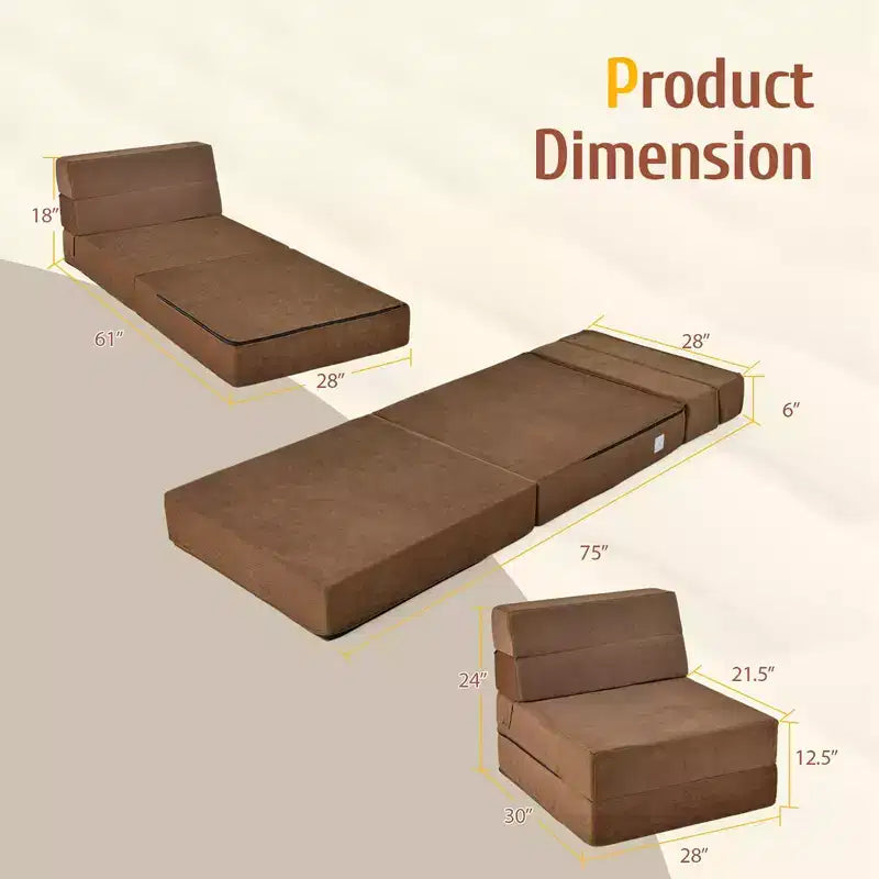 Costway Sedia Tri-Fold Pieghevole Sdraio Lettino Convertibile Divano Letto Dormitorio Marrone