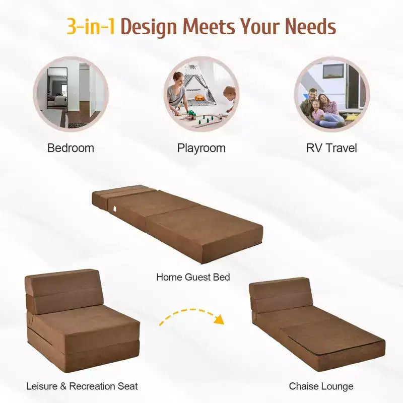 Costway Sedia Tri-Fold Pieghevole Sdraio Lettino Convertibile Divano Letto Dormitorio Marrone