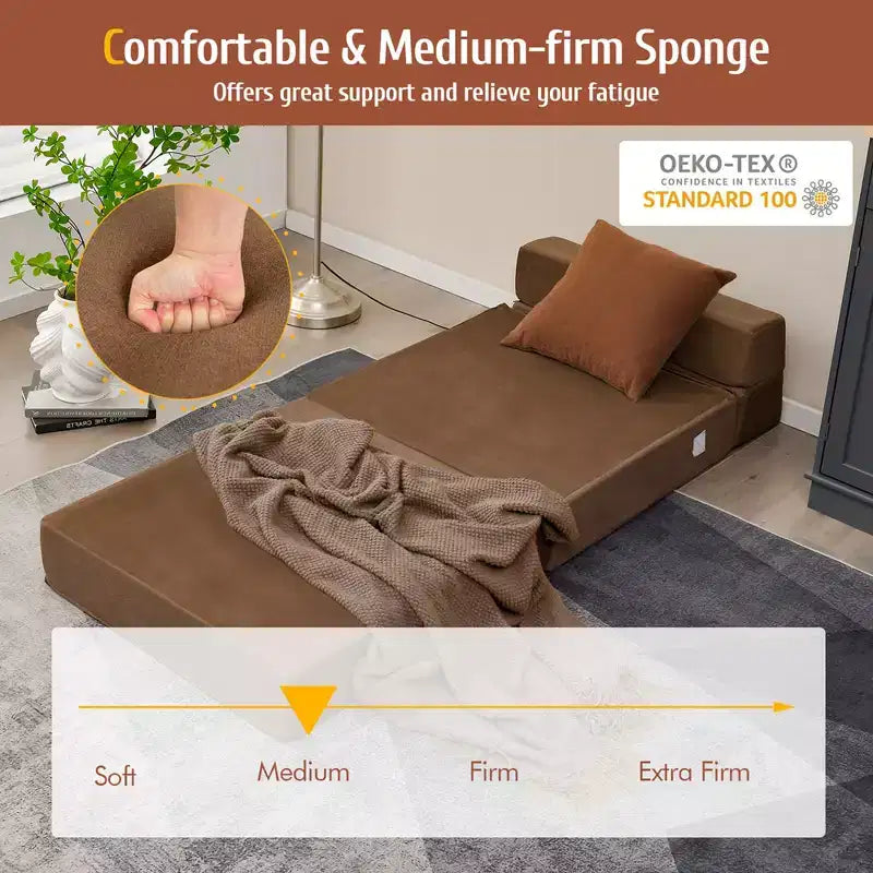 Costway Sedia Tri-Fold Pieghevole Sdraio Lettino Convertibile Divano Letto Dormitorio Marrone