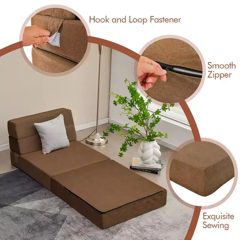Costway Sedia Tri-Fold Pieghevole Sdraio Lettino Convertibile Divano Letto Dormitorio Marrone