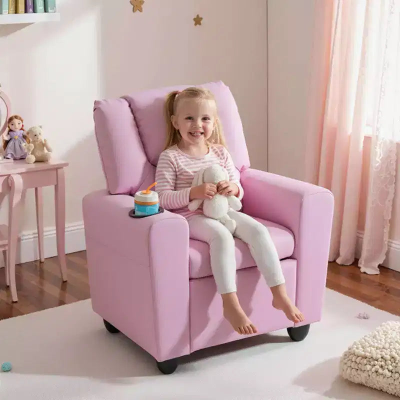 Costway Poltrona Reclinabile per Bambini Divano Seggiolino con Portabicchieri Rosa