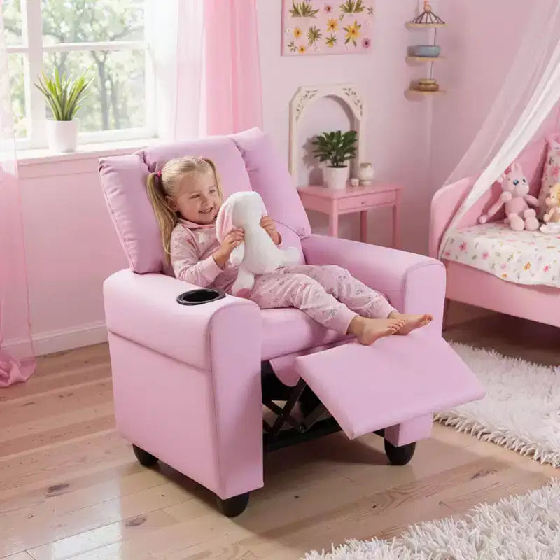 Costway Poltrona Reclinabile per Bambini Divano Seggiolino con Portabicchieri Rosa