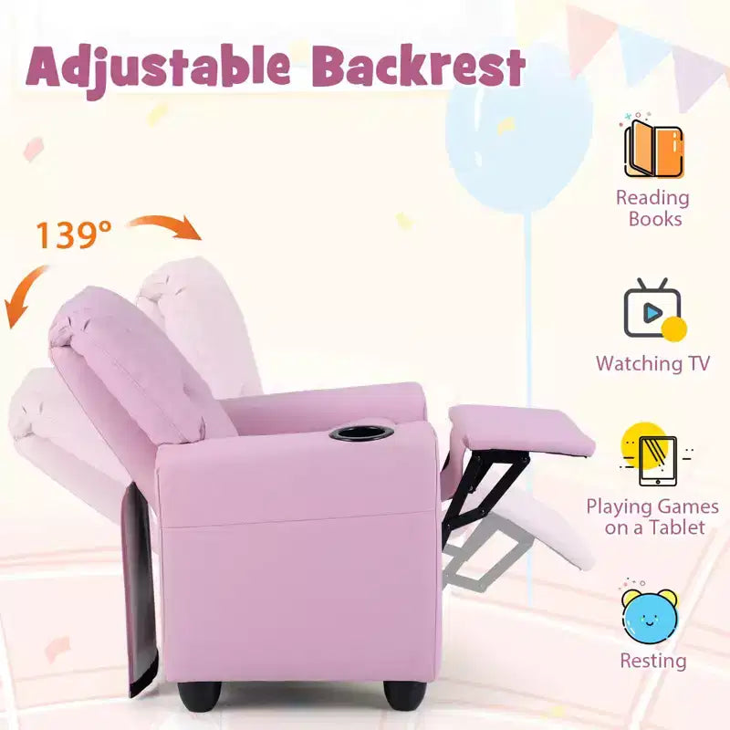 Costway Poltrona Reclinabile per Bambini Divano Seggiolino con Portabicchieri Rosa