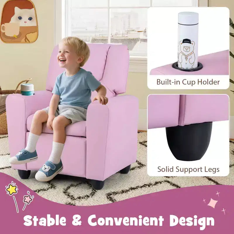 Costway Poltrona Reclinabile per Bambini Divano Seggiolino con Portabicchieri Rosa