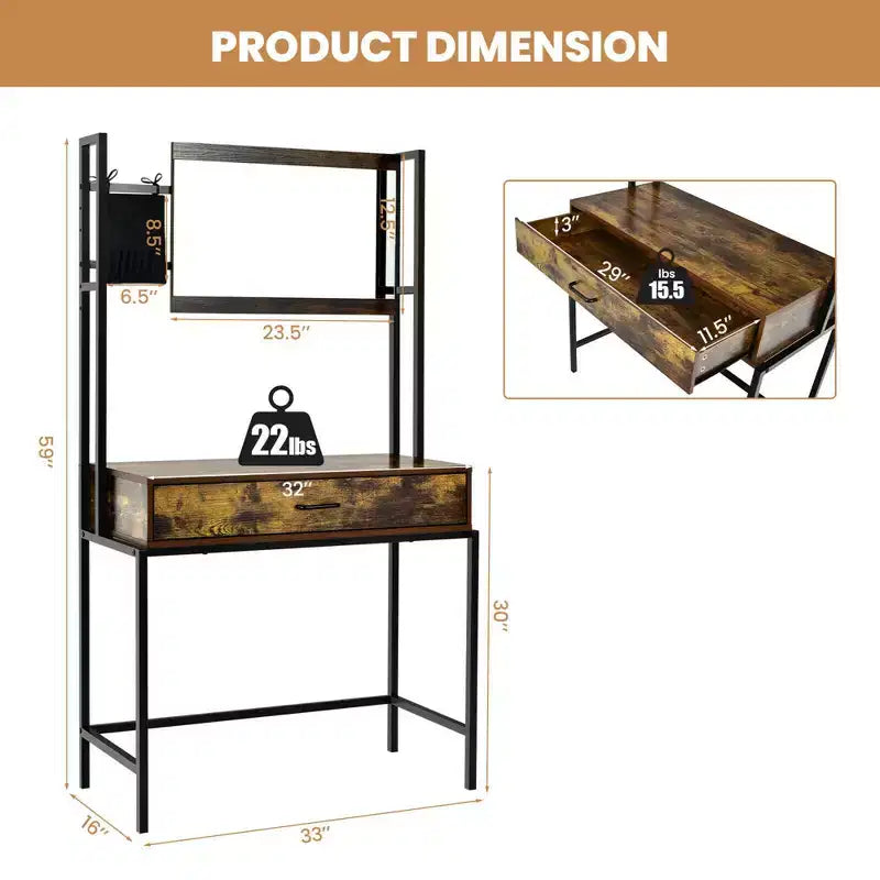 Costway Tavolo da trucco industriale con specchio regolabile in 3 altezze, borsa portaoggetti e cassetto grande
