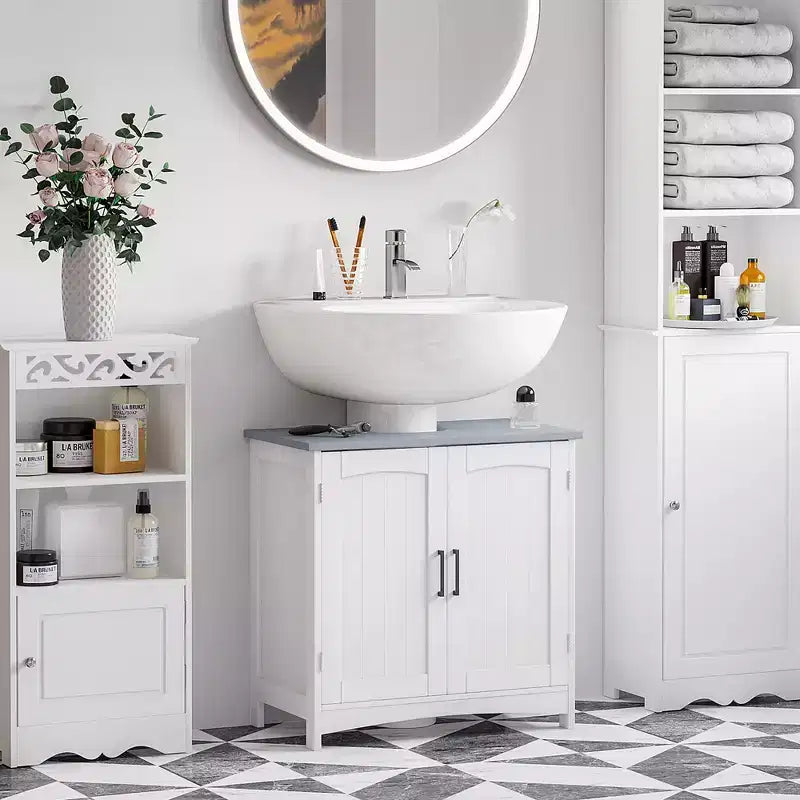 kleankin Mobiletto Sottolavello a Colonna con Doppia Anta, Mobile Bagno Moderno, Armadietto Contenitore con Ripiani Regolabili, Bianco