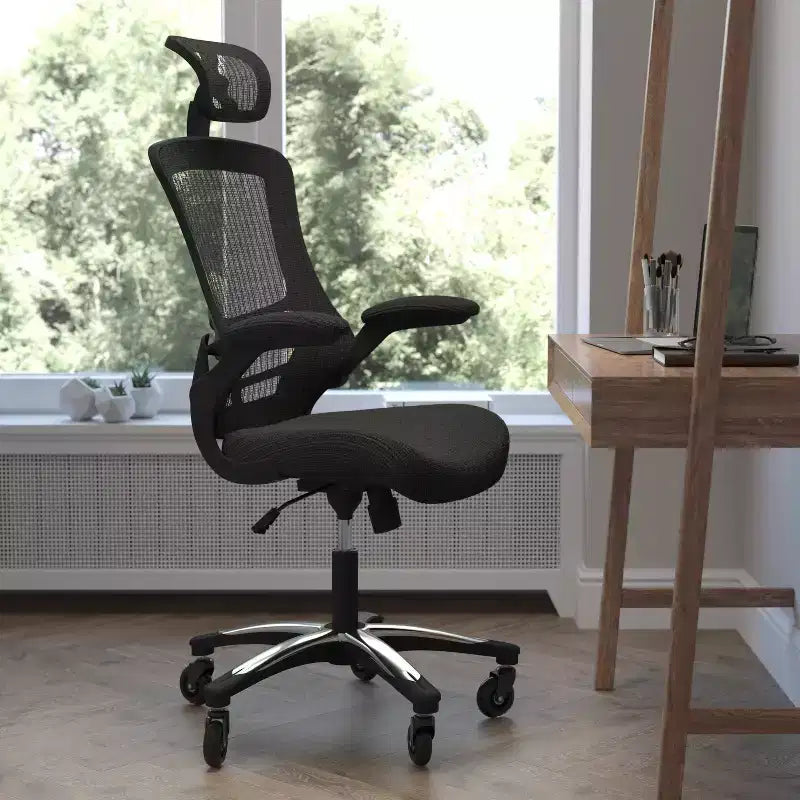 Sedia da Ufficio Direzionale Ergonomica Girevole Flash Furniture Kelista, con Schienale Alto in Rete Nera, Braccioli Ribaltabili e Rotelle Trasparenti