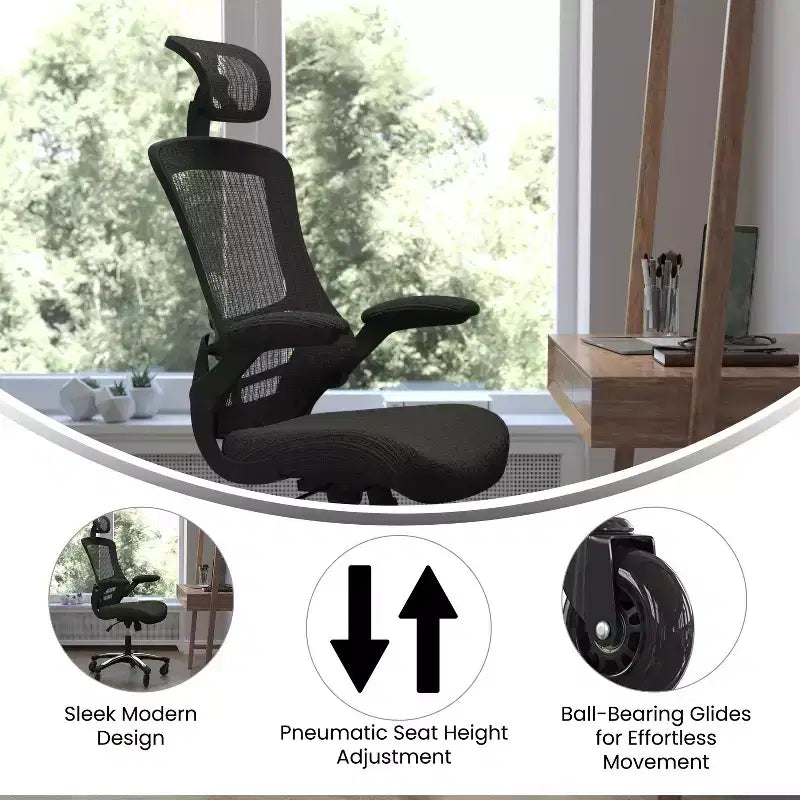 Sedia da Ufficio Direzionale Ergonomica Girevole Flash Furniture Kelista, con Schienale Alto in Rete Nera, Braccioli Ribaltabili e Rotelle Trasparenti