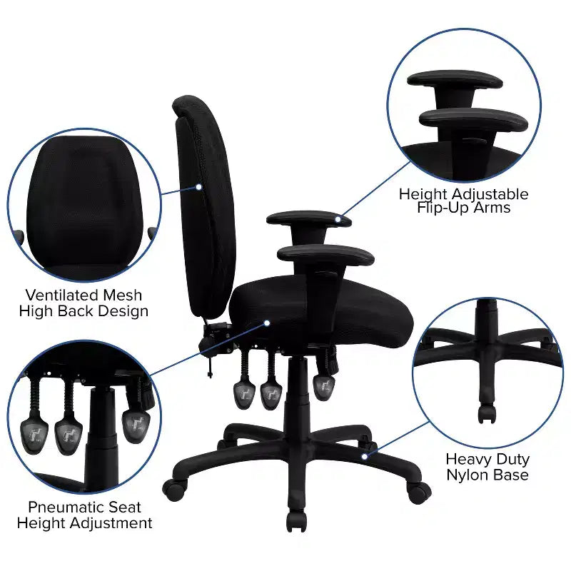 Sedia da ufficio girevole ergonomica con schienale alto e braccioli regolabili in tessuto Emma and Oliver a 3 leve