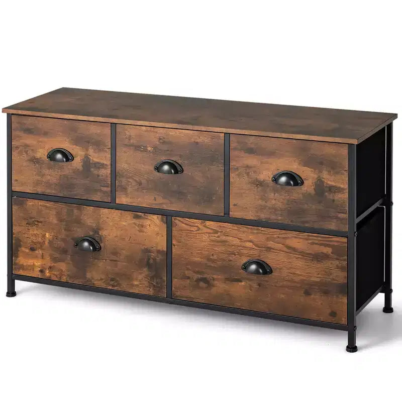 Cassettiera Costway a 5 cassetti, mobile contenitore in tessuto con piano in legno, stile rustico marrone
