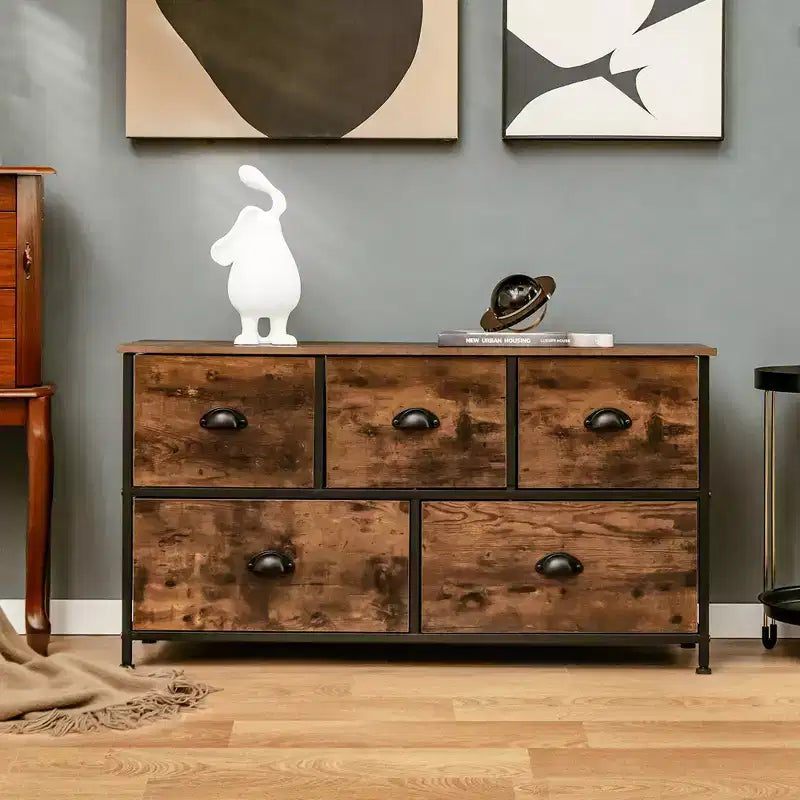 Cassettiera Costway a 5 cassetti, mobile contenitore in tessuto con piano in legno, stile rustico marrone