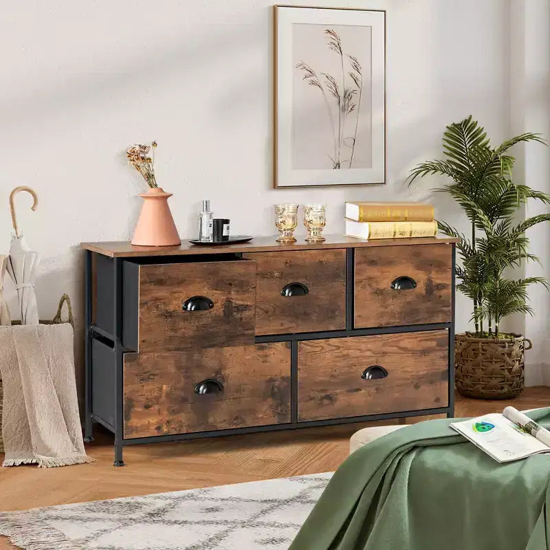Cassettiera Costway a 5 cassetti, mobile contenitore in tessuto con piano in legno, stile rustico marrone