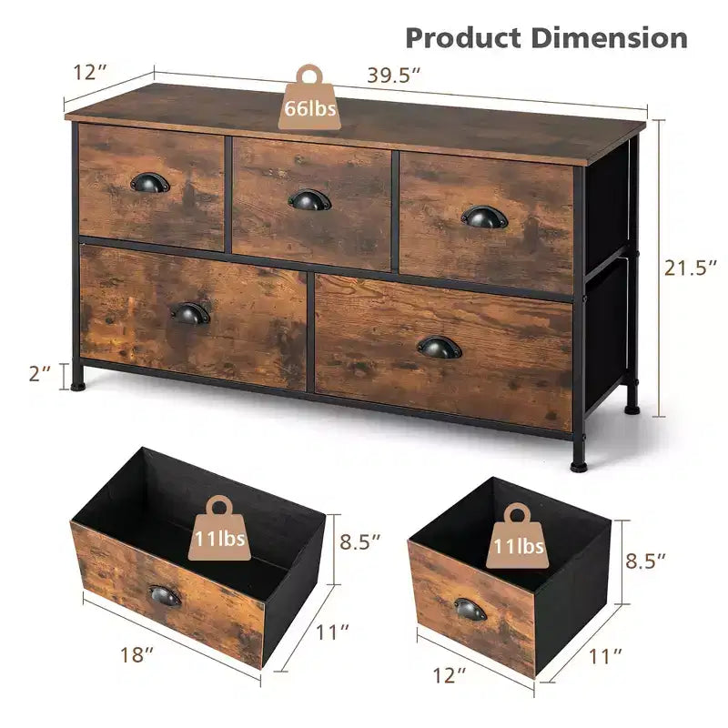 Cassettiera Costway a 5 cassetti, mobile contenitore in tessuto con piano in legno, stile rustico marrone