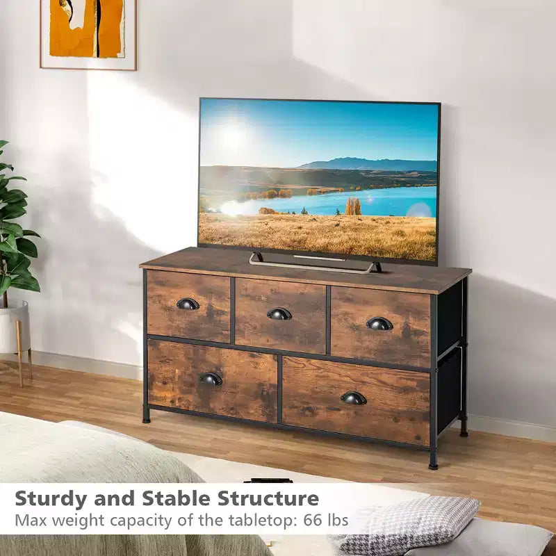 Cassettiera Costway a 5 cassetti, mobile contenitore in tessuto con piano in legno, stile rustico marrone