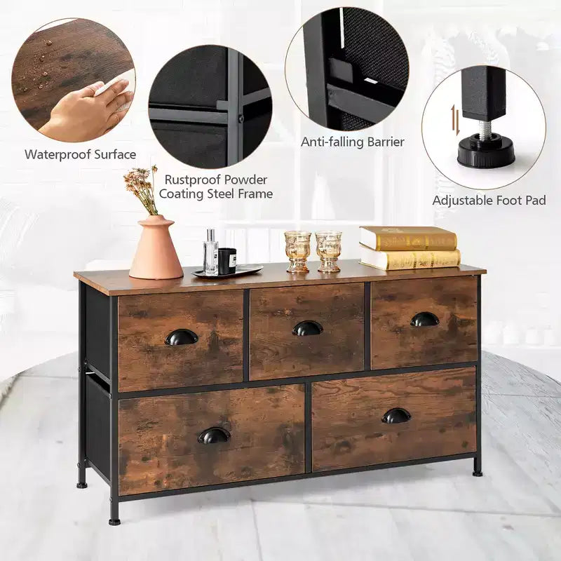 Cassettiera Costway a 5 cassetti, mobile contenitore in tessuto con piano in legno, stile rustico marrone