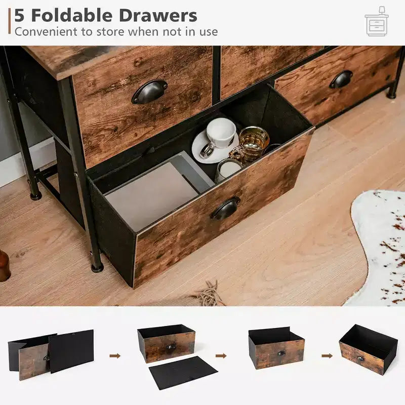 Cassettiera Costway a 5 cassetti, mobile contenitore in tessuto con piano in legno, stile rustico marrone