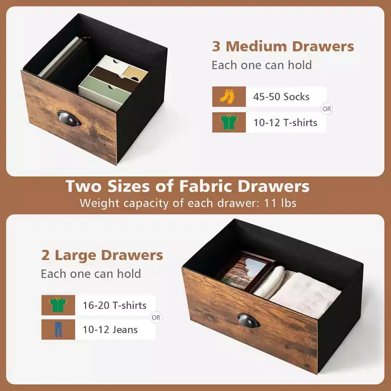 Cassettiera Costway a 5 cassetti, mobile contenitore in tessuto con piano in legno, stile rustico marrone