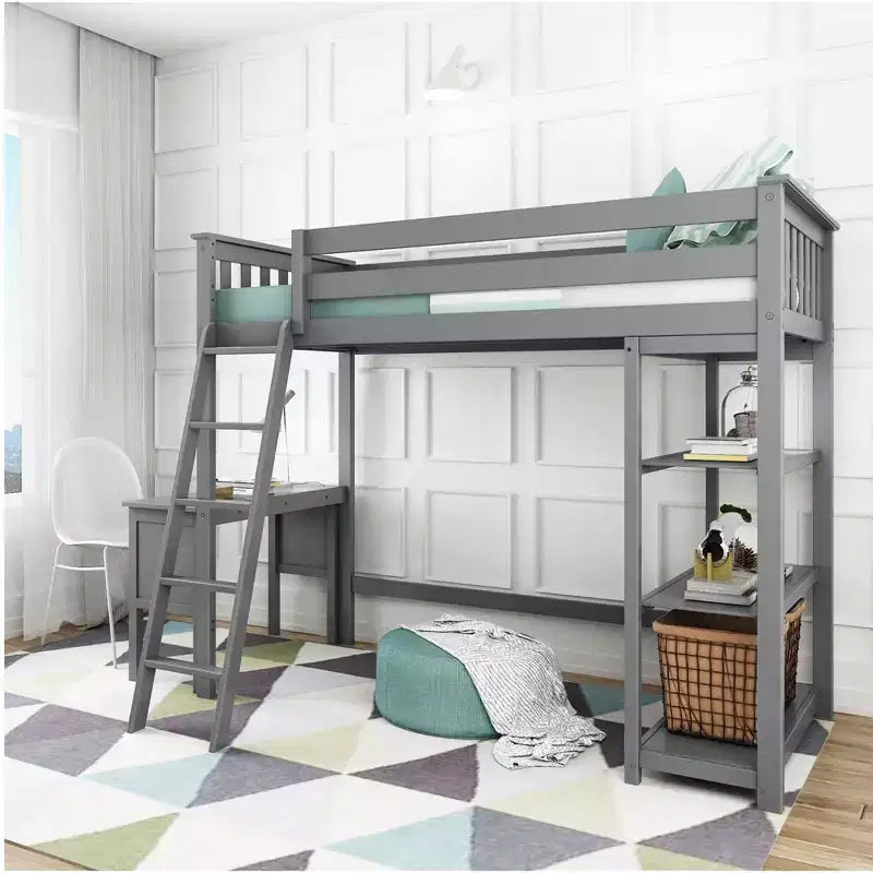 Letto a soppalco Max & Lily, Letto a soppalco alto singolo in legno massello con libreria e scrivania per bambini