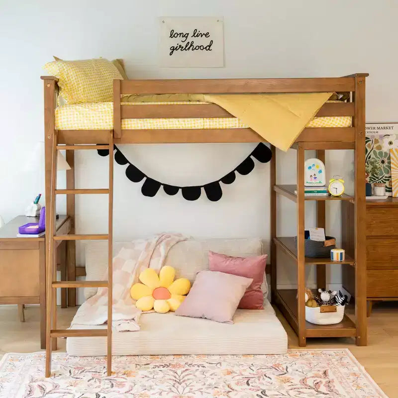 Letto a soppalco Max & Lily, Letto a soppalco alto singolo in legno massello con libreria e scrivania per bambini