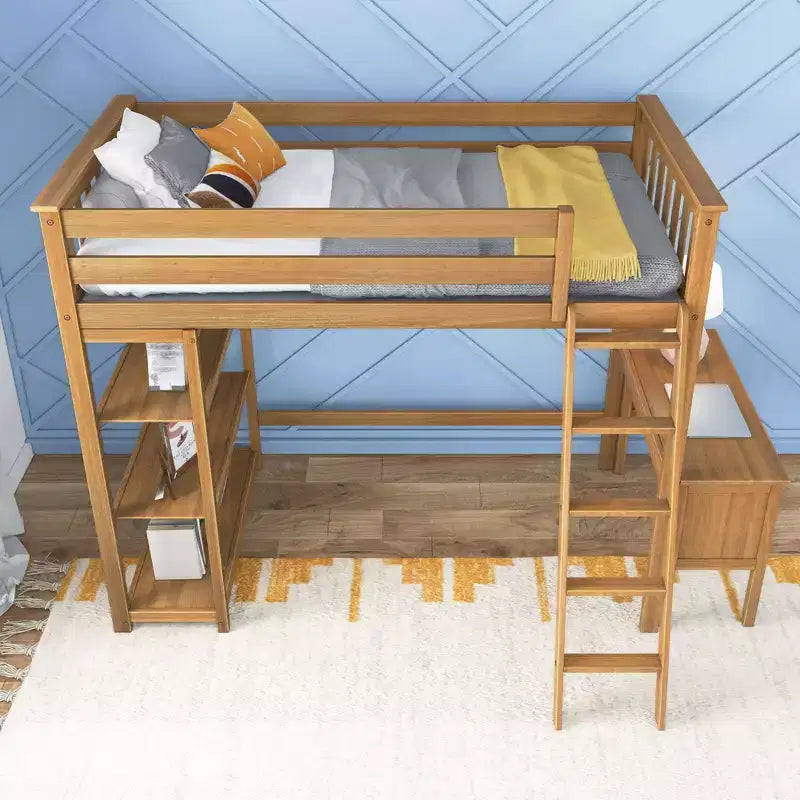 Letto a soppalco Max & Lily, Letto a soppalco alto singolo in legno massello con libreria e scrivania per bambini