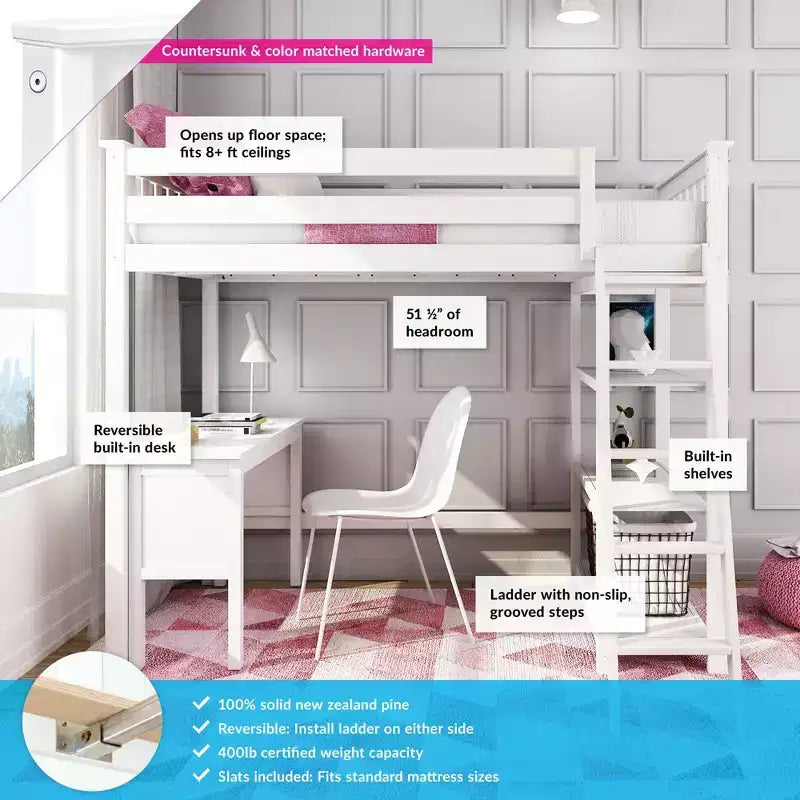 Letto a soppalco Max & Lily, Letto a soppalco alto singolo in legno massello con libreria e scrivania per bambini