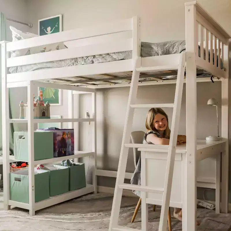 Letto a soppalco Max & Lily, Letto a soppalco alto singolo in legno massello con libreria e scrivania per bambini