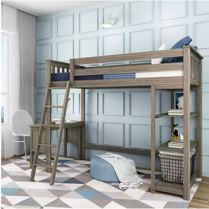 Letto a soppalco Max & Lily, Letto a soppalco alto singolo in legno massello con libreria e scrivania per bambini