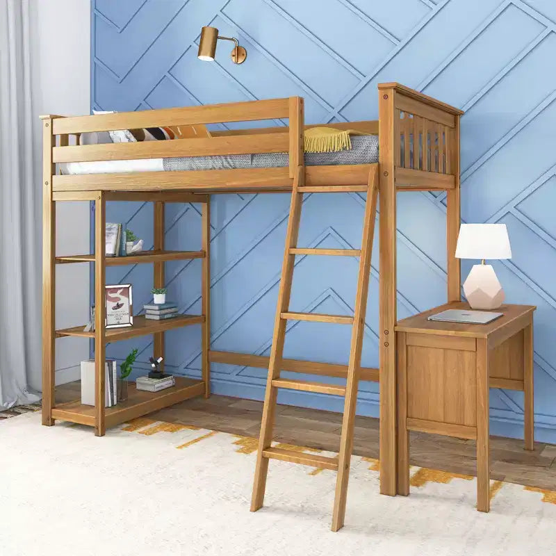 Letto a soppalco Max & Lily, Letto a soppalco alto singolo in legno massello con libreria e scrivania per bambini