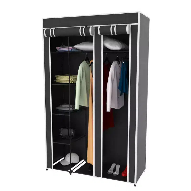 Portable Closet - Freestanding Covered Garment Rack Wardrobe with 5 Shelves for Hanging Clothes with Dust Cover and Metal Frame by Lavish Home (Black)