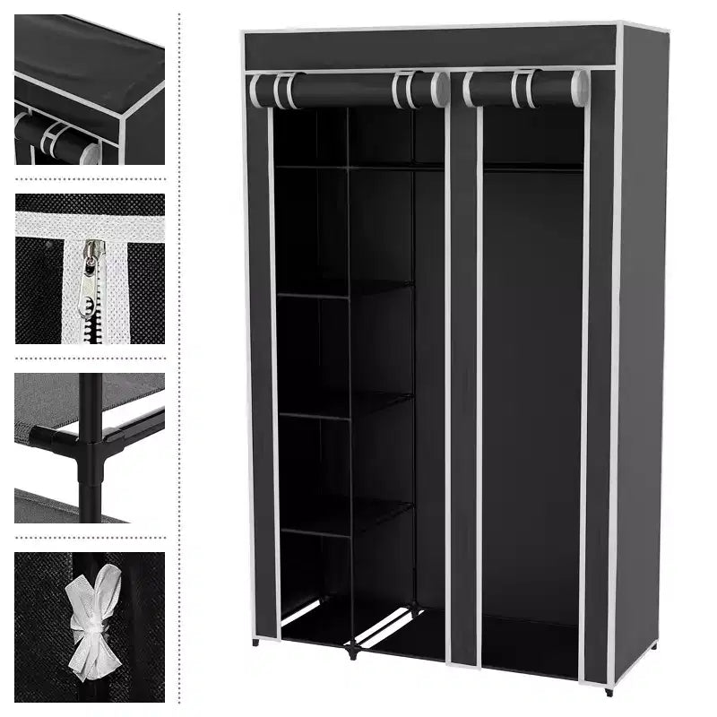 Armadio Portatile - Guardaroba Indipendente con Aste Coperto e 5 Ripiani per Appendere Abiti con Copertura Antipolvere e Telaio in Metallo di Lavish Home (Nero)
