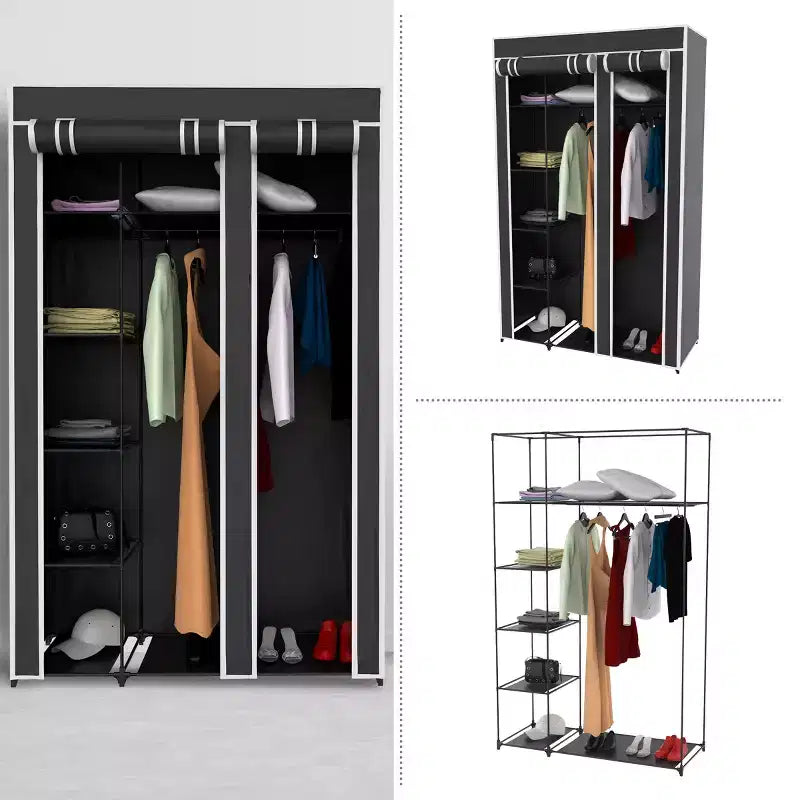 Armadio Portatile - Guardaroba Indipendente con Aste Coperto e 5 Ripiani per Appendere Abiti con Copertura Antipolvere e Telaio in Metallo di Lavish Home (Nero)