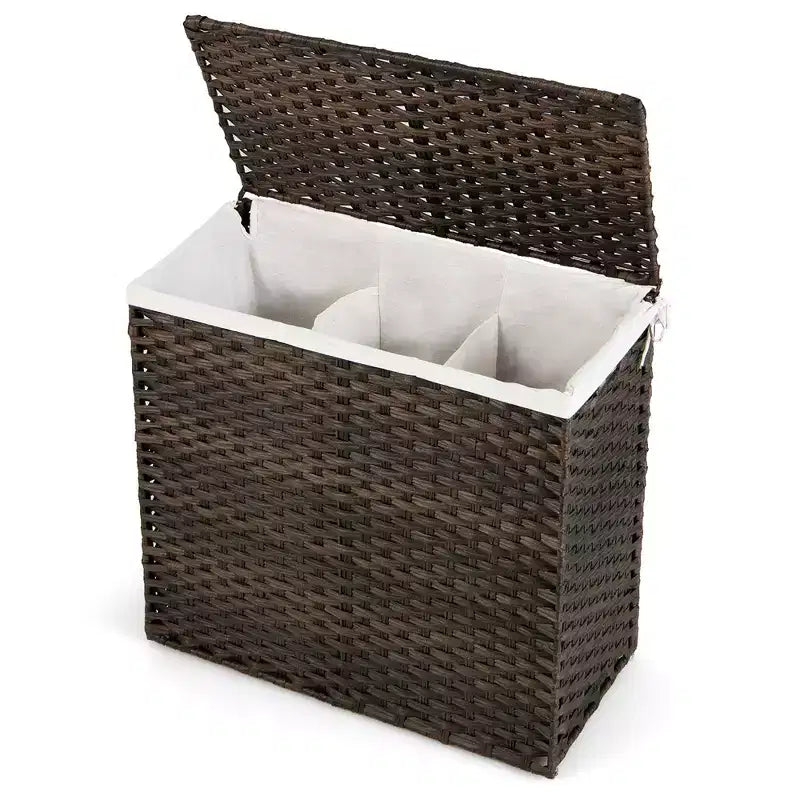 Cesto portabiancheria Costway 110L a 3 sezioni con coperchio e maniglia in rattan PE con sacca interna