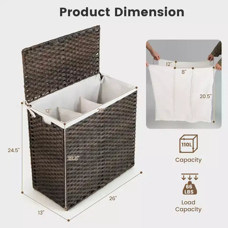 Cesto portabiancheria Costway 110L a 3 sezioni con coperchio e maniglia in rattan PE con sacca interna