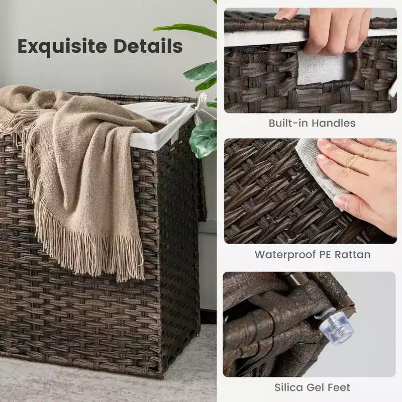 Cesto portabiancheria Costway 110L a 3 sezioni con coperchio e maniglia in rattan PE con sacca interna