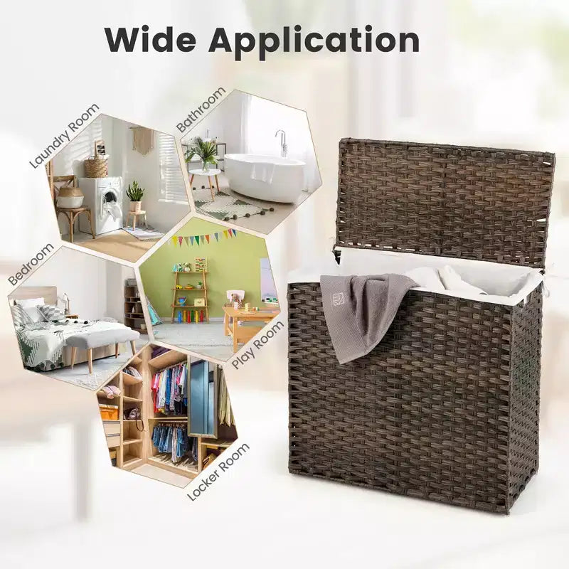 Cesto portabiancheria Costway 110L a 3 sezioni con coperchio e maniglia in rattan PE con sacca interna