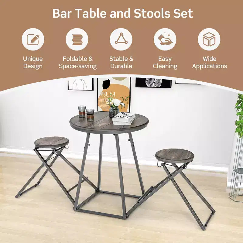 Costway Set Tavolo da Bar Rotondo da 3 Pezzi e 2 Sgabelli Pieghevoli con Struttura in Metallo