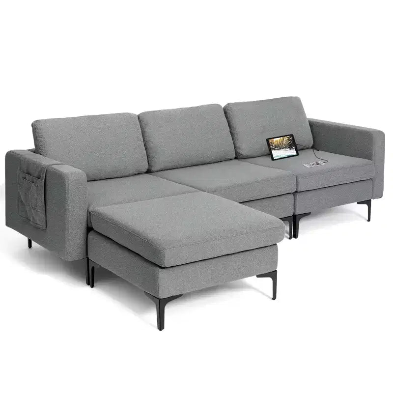 Divano componibile a L a 3 posti Costway con chaise longue reversibile e 2 porte USB