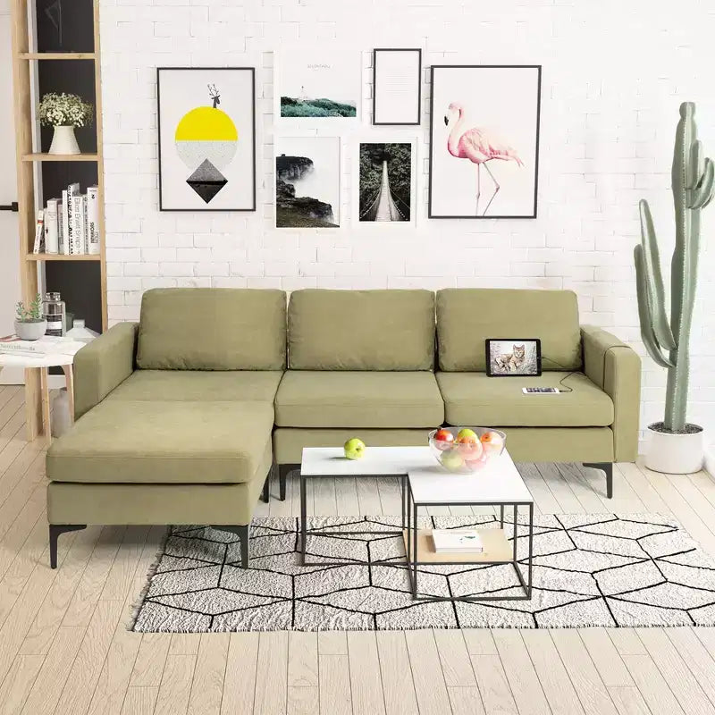 Divano componibile a L a 3 posti Costway con chaise longue reversibile e 2 porte USB