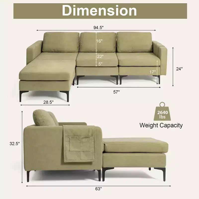 Divano componibile a L a 3 posti Costway con chaise longue reversibile e 2 porte USB