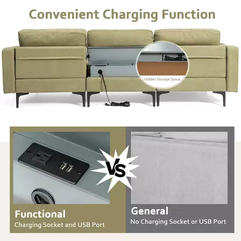 Divano componibile a L a 3 posti Costway con chaise longue reversibile e 2 porte USB