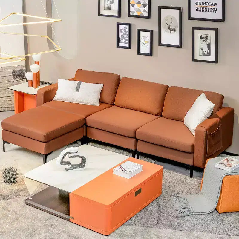 Divano componibile a L a 3 posti Costway con chaise longue reversibile e 2 porte USB
