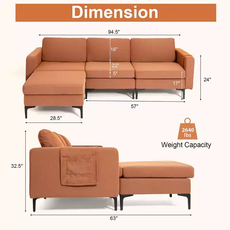 Divano componibile a L a 3 posti Costway con chaise longue reversibile e 2 porte USB