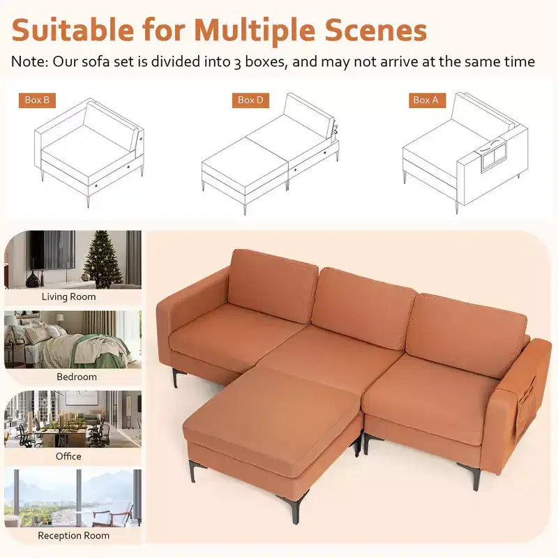 Divano componibile a L a 3 posti Costway con chaise longue reversibile e 2 porte USB