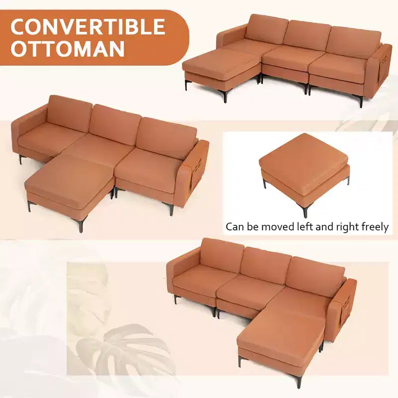 Divano componibile a L a 3 posti Costway con chaise longue reversibile e 2 porte USB