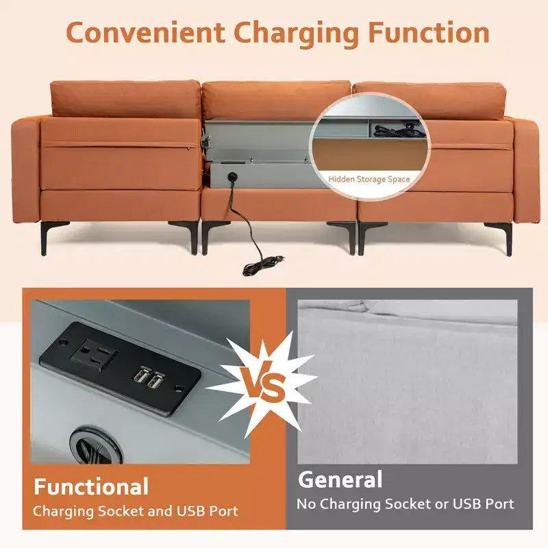 Divano componibile a L a 3 posti Costway con chaise longue reversibile e 2 porte USB