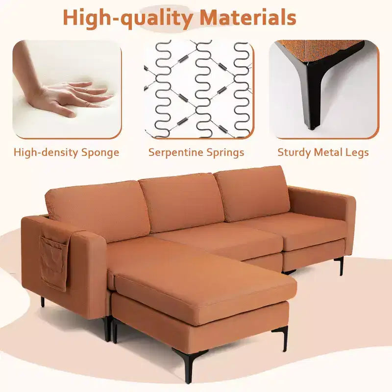 Divano componibile a L a 3 posti Costway con chaise longue reversibile e 2 porte USB