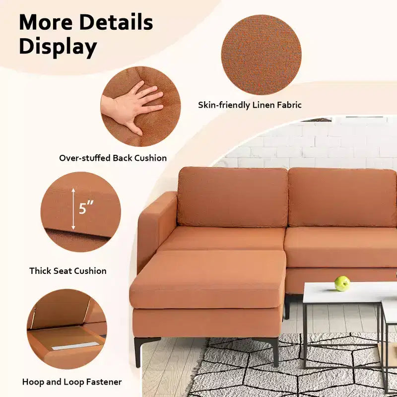 Divano componibile a L a 3 posti Costway con chaise longue reversibile e 2 porte USB