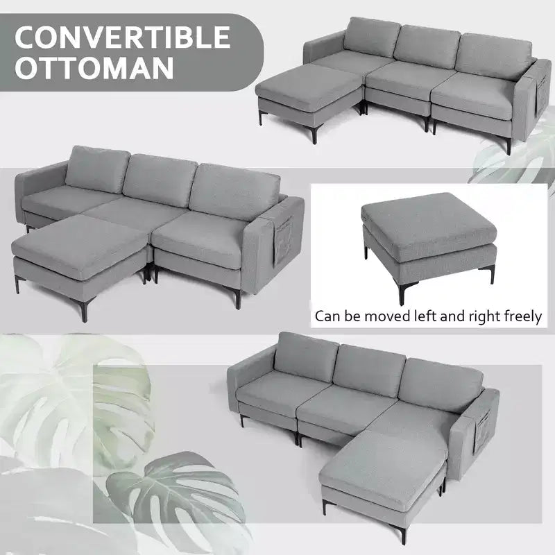 Divano componibile a L a 3 posti Costway con chaise longue reversibile e 2 porte USB