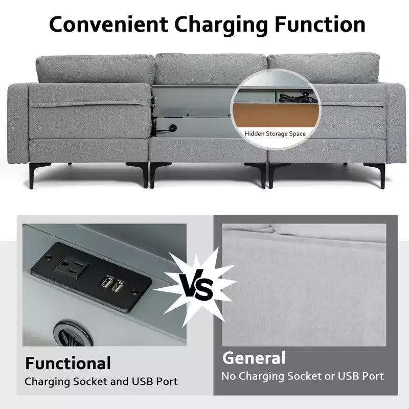 Divano componibile a L a 3 posti Costway con chaise longue reversibile e 2 porte USB