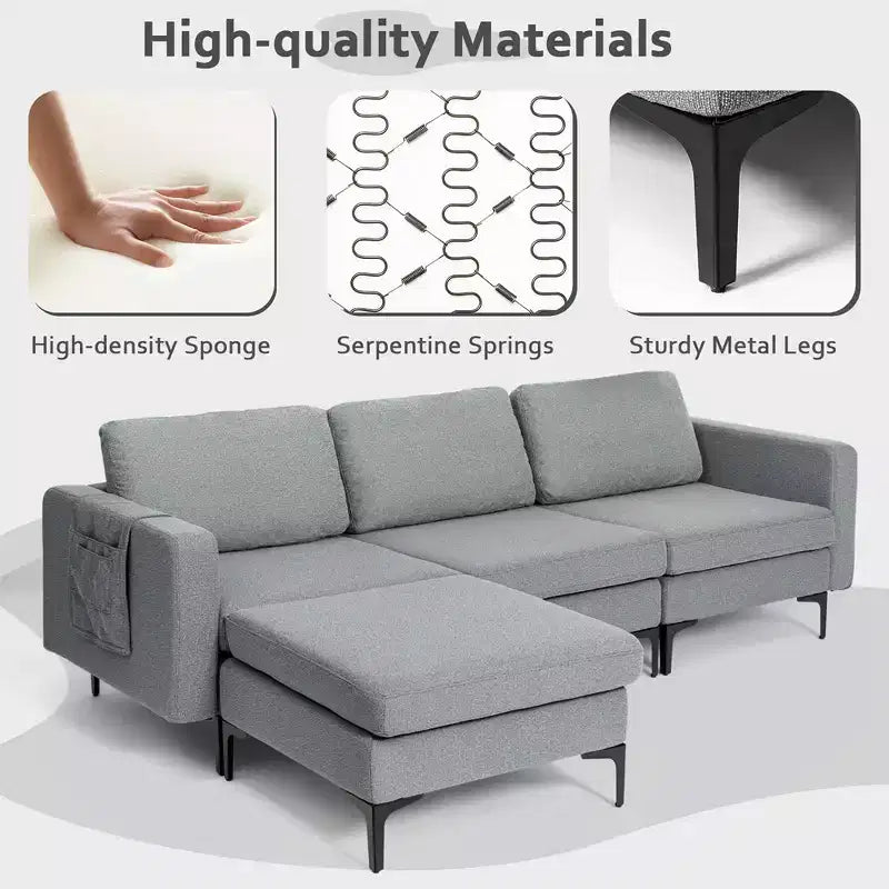 Divano componibile a L a 3 posti Costway con chaise longue reversibile e 2 porte USB